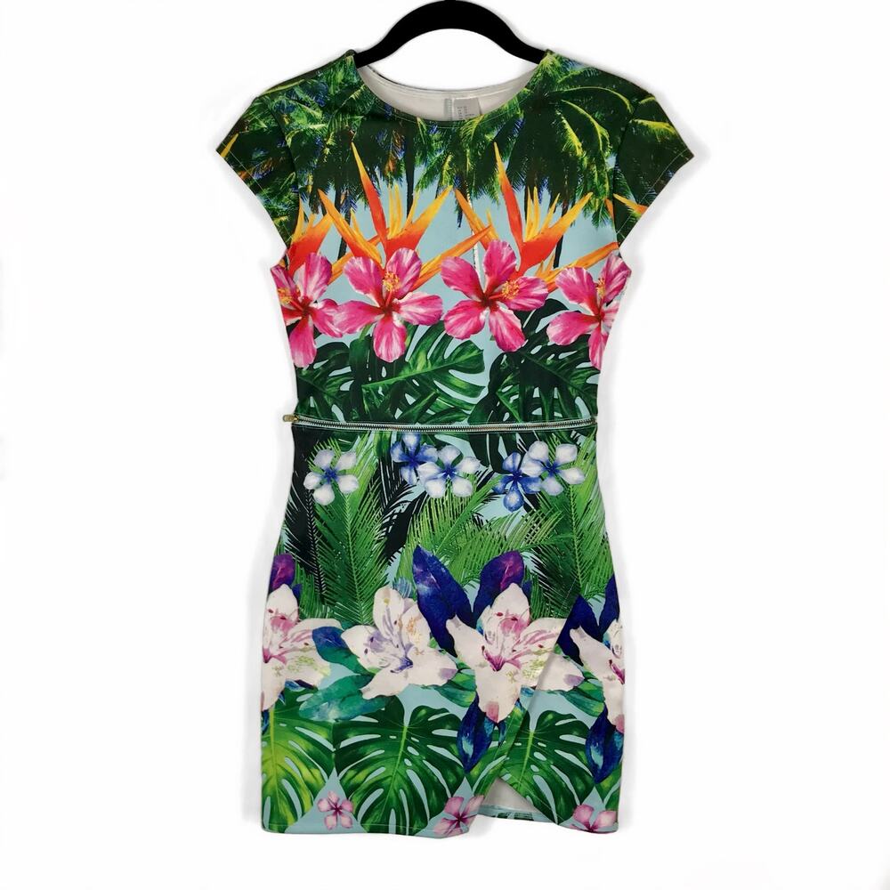 Bodycon Colorful Tropical Floral Print Slit Front Micro Mini Dress, Size XS